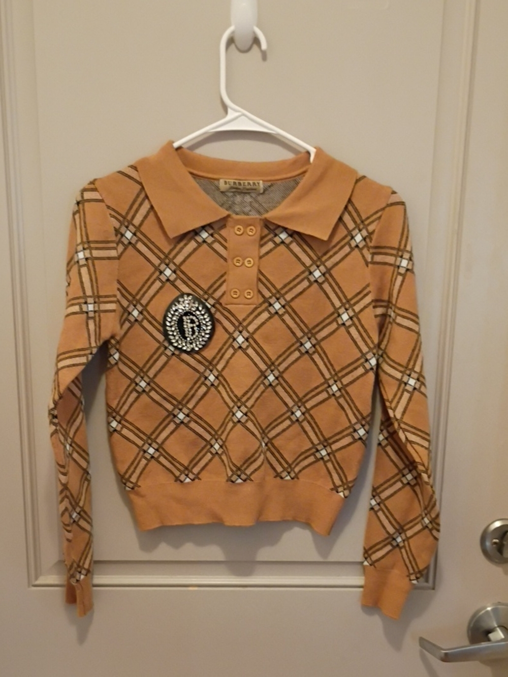Burberry Tan Plaid Polo Sweater with Rhinestone Patch Size M